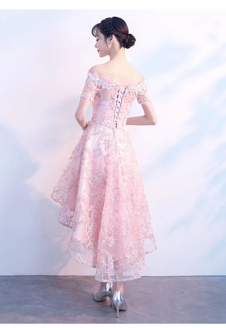 Beautiful Pink High Low Lace Cute Party Dress, Homecoming Dress