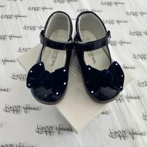 Navy Patent High Top Shoes With Velvet Bow