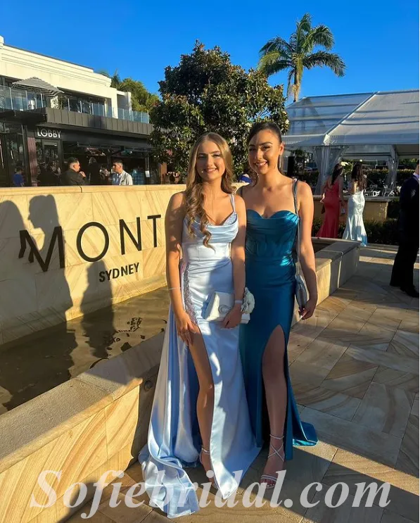 Sexy Blue Satin Spaghetti Straps Sleeveless Side Slit Mermaid Long Prom Dresses,SFPD0527